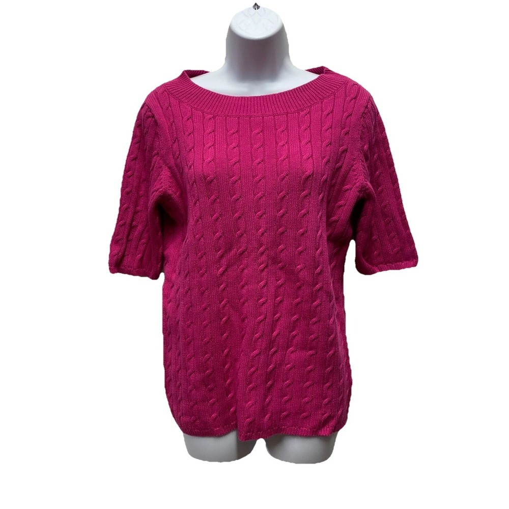 Talbots Cable Knit Pink Sweater Women's Medium 3/4 Sleeve Preppy Casual Pullover